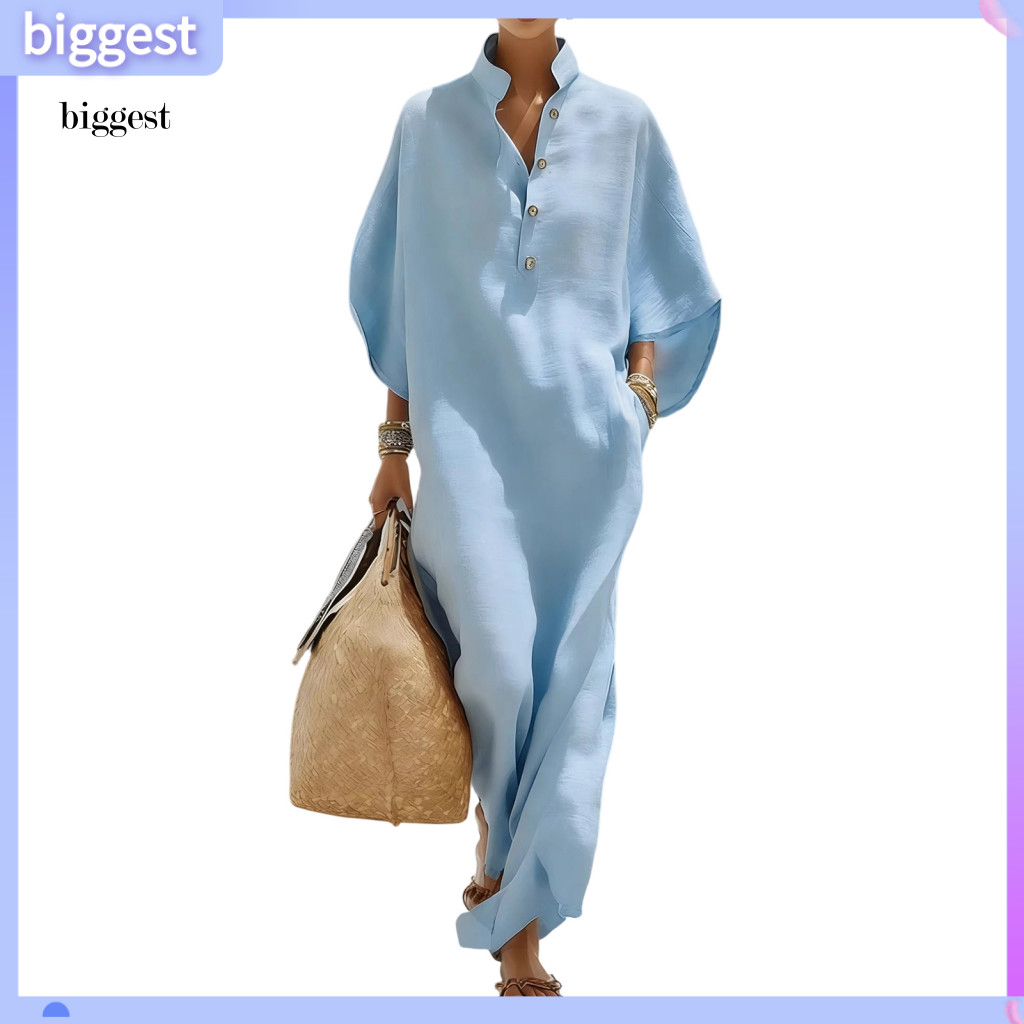 BGT Flowy ชุดกระโปรงผู้หญิงชุดผู้หญิงs ฤดูร้อน Maxi ชุดกระเป๋า – ครึ่งแขนขาตั้งคอปุ่ม V คอหลวม Flowy