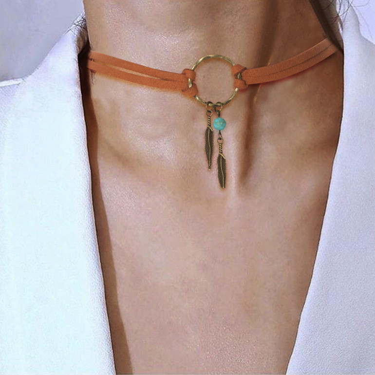 แฟชั่น Feather Turquoise Suede Choker อินเทรนด์ Boho ผู้หญิงทุกวันเครื่องประดับคอ