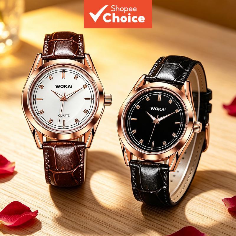 Wokai Rose Gold Diamond Dial Quartz Watch Cowhide Strap นาฬิกาข้อมือคู่ชุดของขวัญ