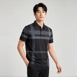 Chaistyle ผู้ชายเสื้อโปโล ระบายอากาศได้ดี ความรู้สึกเย็น คอพับ แขนสั้น ชุดคุณพ่อวัยกลางคน ลวดลายตัวอักษรเพชร หลวม