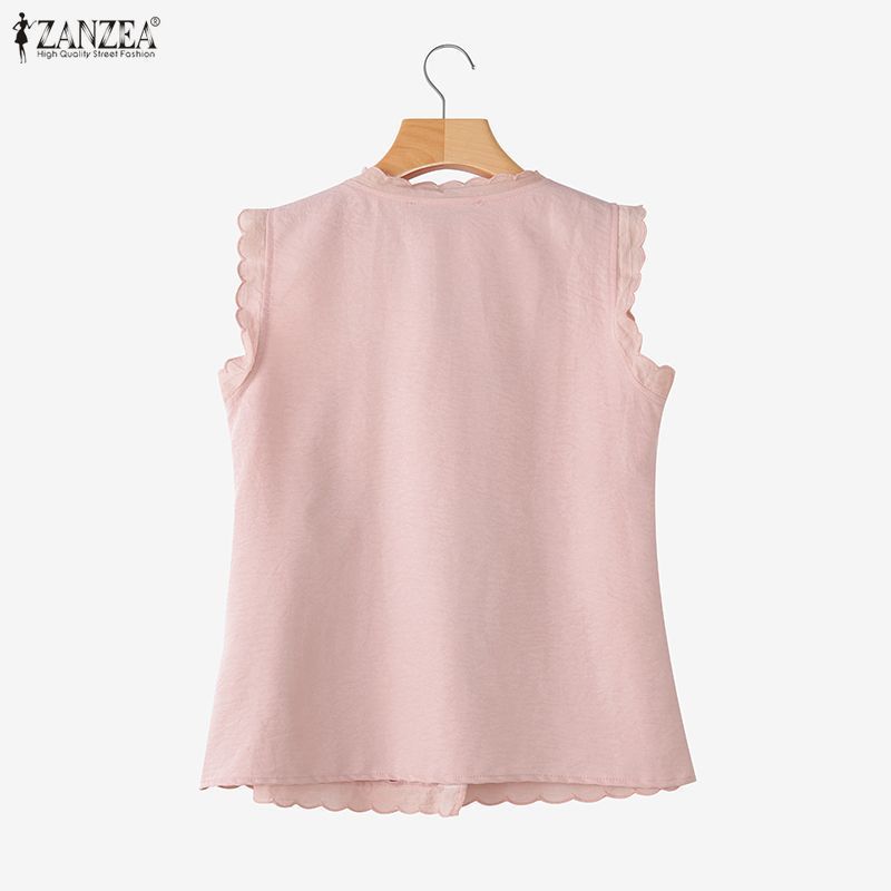 ZANZEA ผู้หญิงเกาหลีหวานอ่อนโยนเก๋ลูกเรือคอ Double Tie-Up แขนกุดขอบลูกไม้ A-Line Tanks — صورة 8
