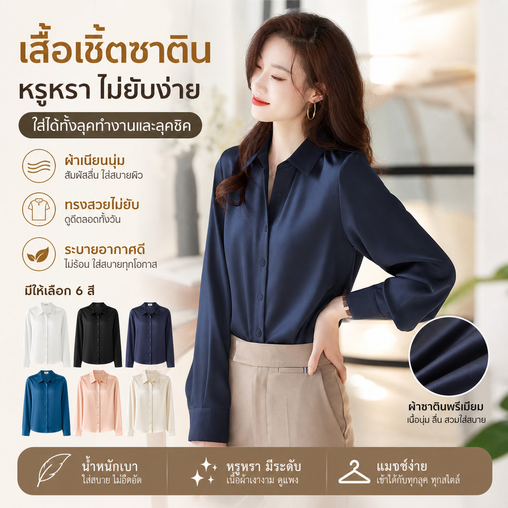 【ส่งไวจากไทย】เสื้อแขนยาว รู้สึกซาติน ต่อต้านริ้วรอย เวอร์ชั่นเกาหลี สง่างาม ของผู้หญิง แฟชั่น เสื้อ