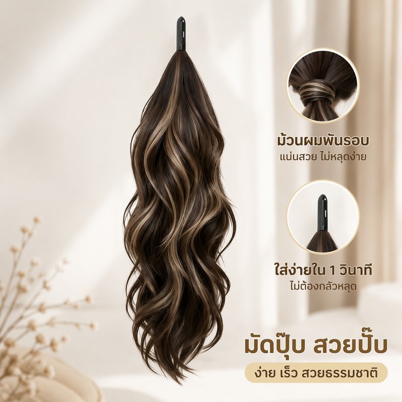 วิกผมหางม้าเตี้ย พันตัวเอง หางม้าปลอม ฟูธรรมชาติ มีไฮไลท์ เพิ่มวอลลุ่ม ผมบาง มัดสูงเตี้ย