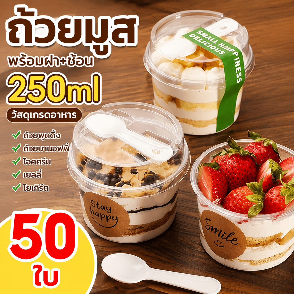 ถ้วยมูส(แพค50ใบ 250ml)พร้อมฝา+ช้อน วัสดุเกรดอาหาร ถ้วยพุดดิ้ง ถ้วยบานอฟฟี่ ไอศครีม เยลลี่ โยเกิร์ต