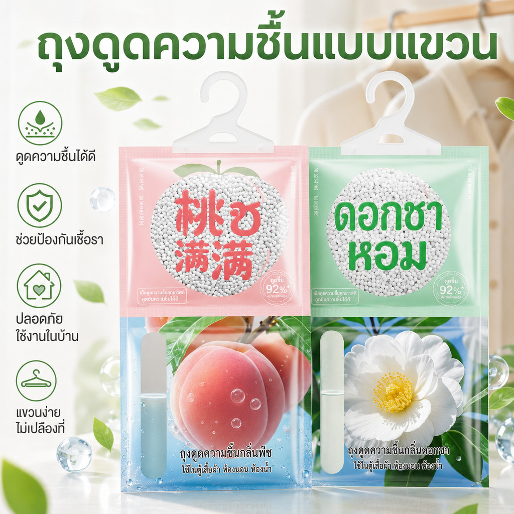 ครอบครัวใช้งานสะดวก ถุงดูดความชื้นแบบแขวน กลิ่นพีชและดอกไม้ ช่วยให้ตู้เสื้อผ้าแห้ง หอม และเป็นระเบียบทุกวัน