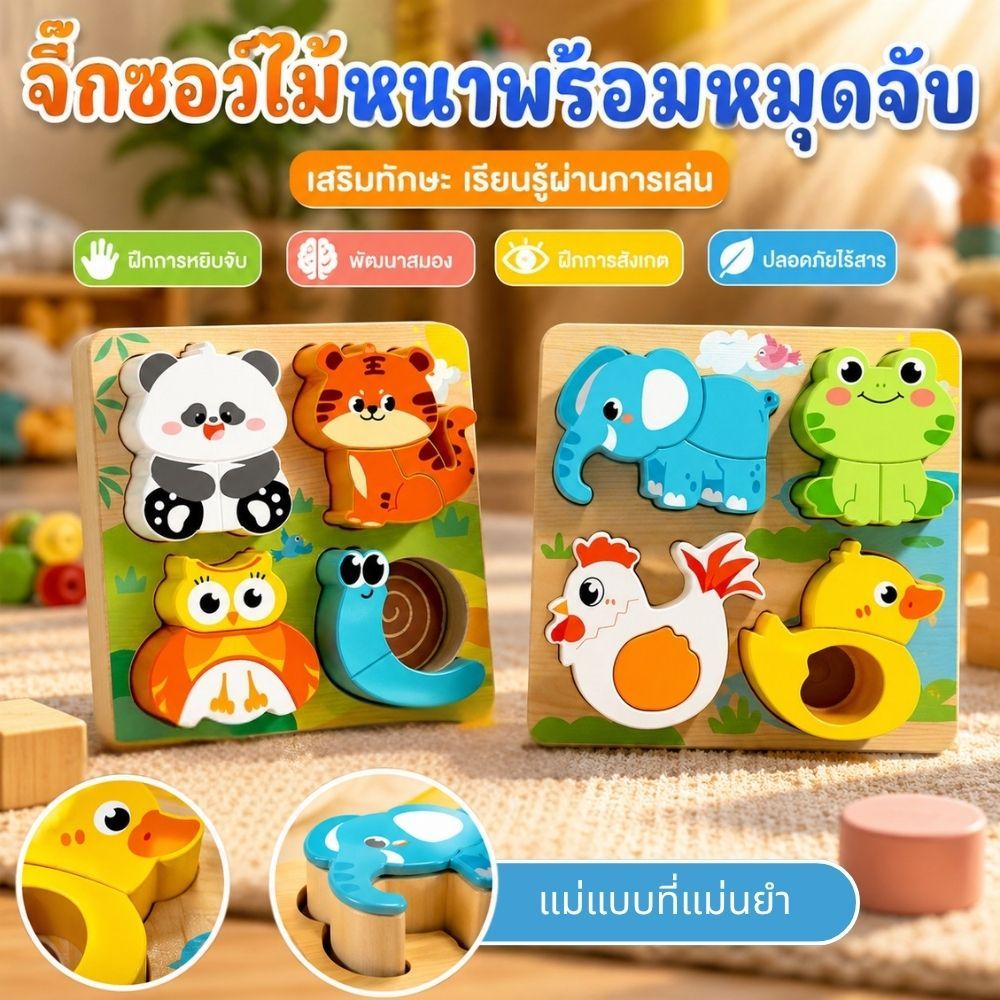 4 in 1ตัวต่อจิ๊กซอว์ไม้ ของเล่น Educativo  ของขวัญสำหรับเด็ก: ชุดตัวต่อไม้ 6 ตว์น่ารัก ของขวัญสำหรับเด็ก