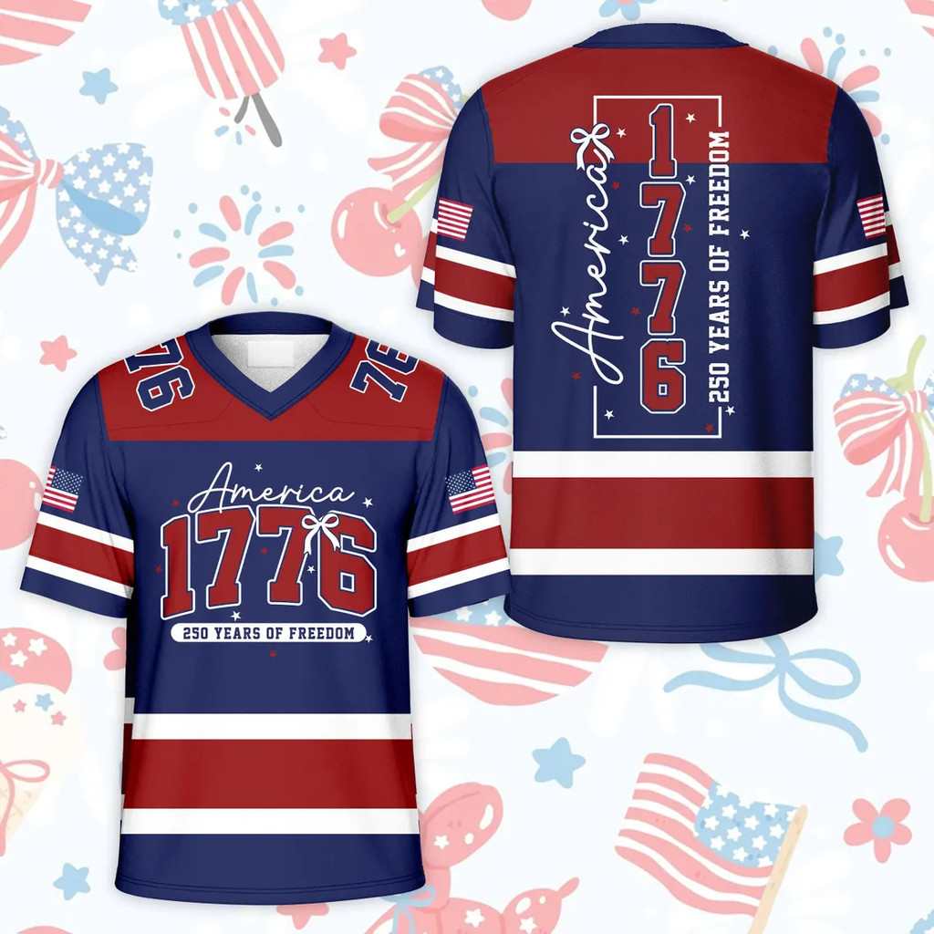 America 1776 250 ปี Freedom พิมพ์ Jersey เสื้อลําลองแขนสั้น V คอ 4th ของกรกฎาคม Patriotic Independen