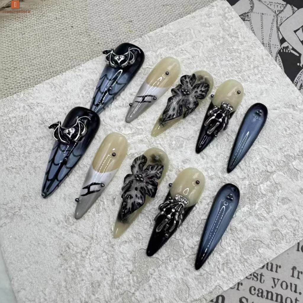 10 ชิ้น Handmade Oval Spider Web Dark สไตล์เล็บปลอม