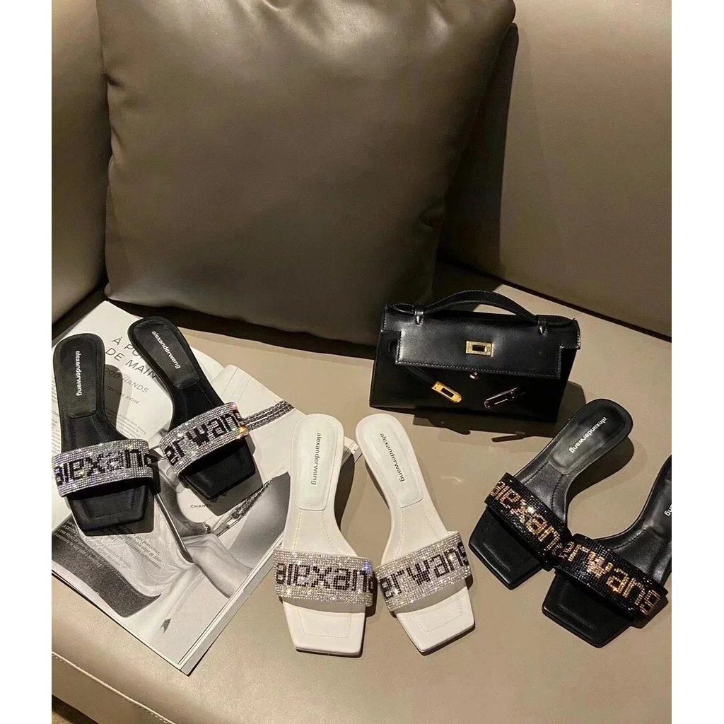 Alexander Wang Alexander Wang ส้นสูง King Square Toe Rhinestone แตะแบนแตะผู้หญิง Alexander Rhineston