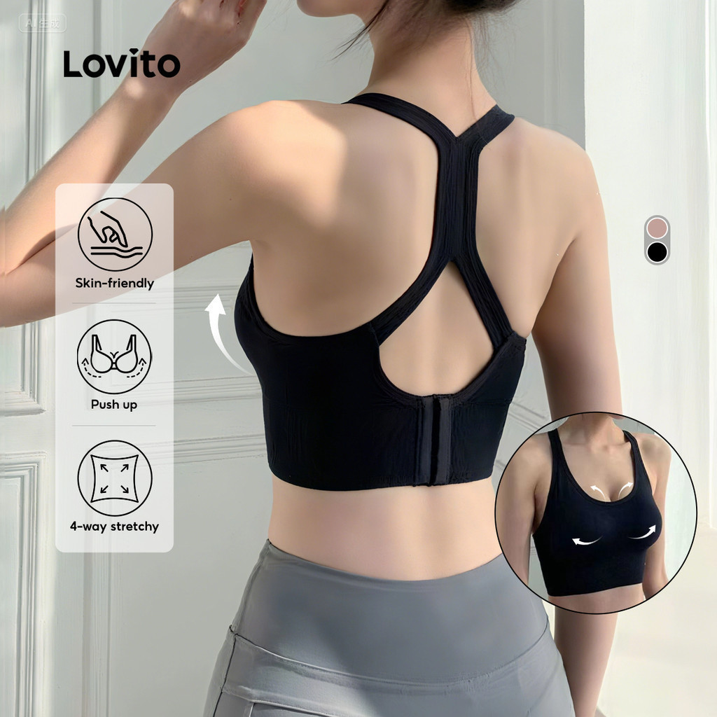 Lovito แคชชวล บราส์กีฬา วิดพื้น มีรัดปรับได้ เนื้อหอมสูง และการฝึกวิ่งโยคะสำหรับผู้หญิง เกาหลี อินเทรนด์ LNE116X002