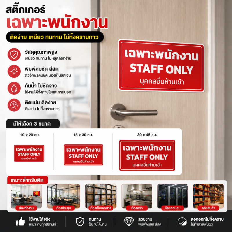 สติกเกอร์ เฉพาะพนักงาน บุคคลอื่นห้ามเข้า งานละเอียด คมชัด รับประกันความสวยงาม ติดทนนาน