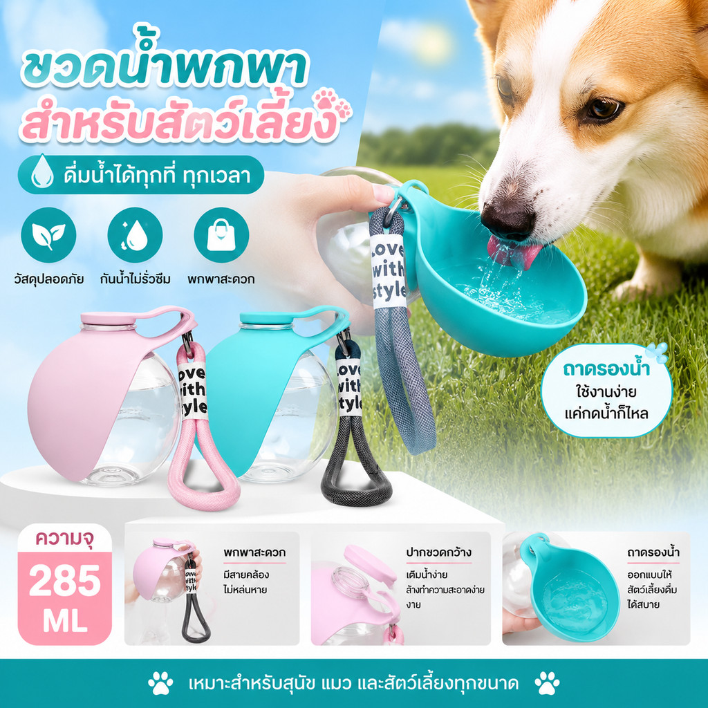 ราคาถูกสุดๆ💥ที่ให้น้ำสัตว์เลี้ยงแบบพกพา กระบอกน้ำแมวพกพา ขนาด285mlขวดน้ำหมา ขวดนํ้าสัตว์เลี้ยง กลางแจ้ง ขวดน้ำสุนัข ขวด