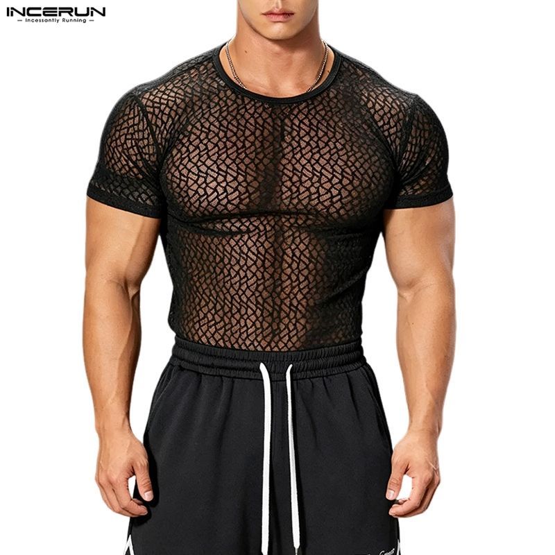 ไม่แน่นอน เสื้อยืดแขนสั้นซีทรูสีทึบสําหรับผู้ชายเกาหลี
