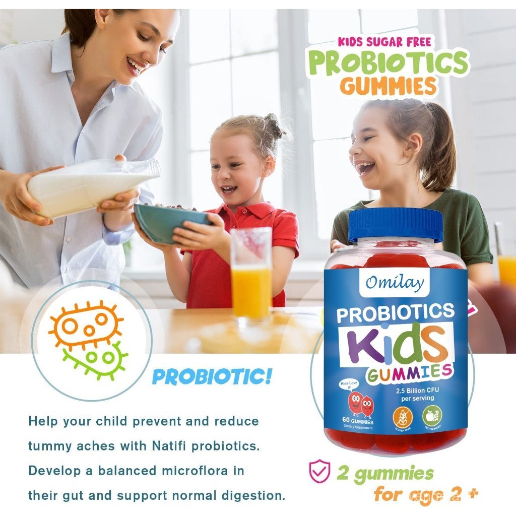 Omilay Probiotics Gummies เด็กส่งเสริมการย่อยอาหารวิตามิน Gummy Optimize การดูดซึมสารอาหาร 60 ชิ้น