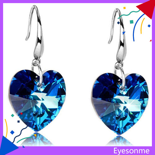 EYES ผู้หญิง Blue Heart Rhinestone Alloy Ear Hook Dangle Eardrop ต่างหู\