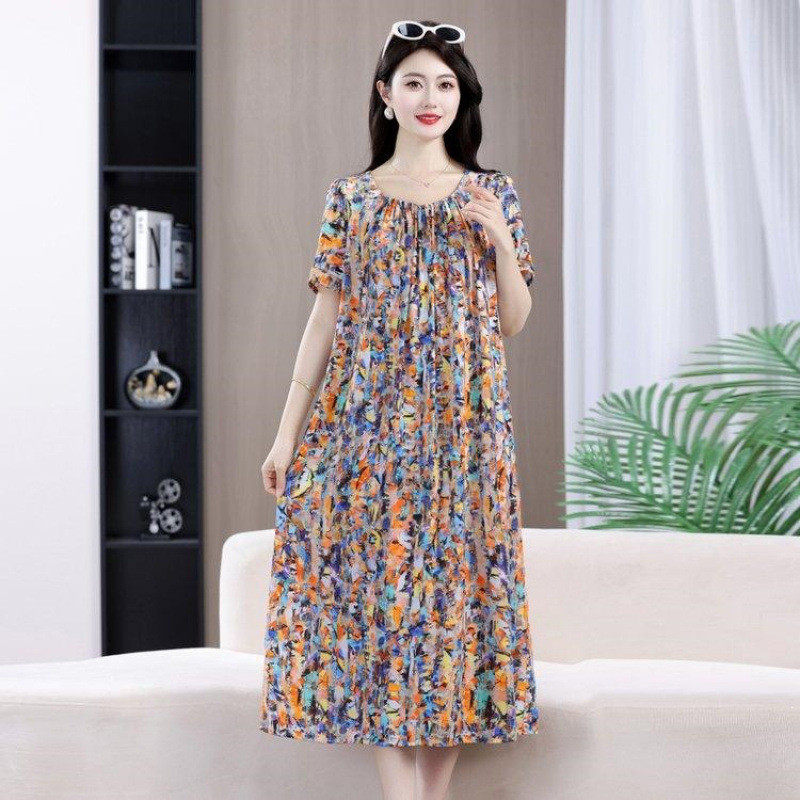 夏季新款连衣裙短袖薄款加大码宽松透气可外出穿长裙Summer new dress, short-sleeved, thin, plus-size, wideleggeddsg999.th