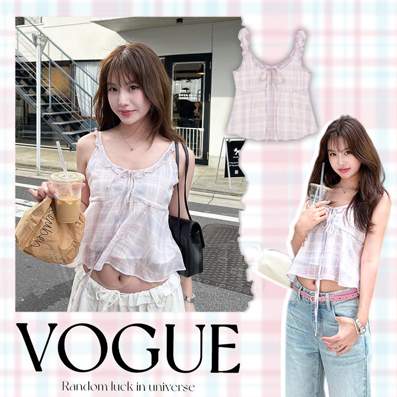 Vogue🌟พร้อมส่ง🌟 เสื้อสายเดี่ยวขอบระบายผูกโบว์ สไตล์เกาหลีมีซับในในตัว ทรงสวยใส่สบาย (FY5259)