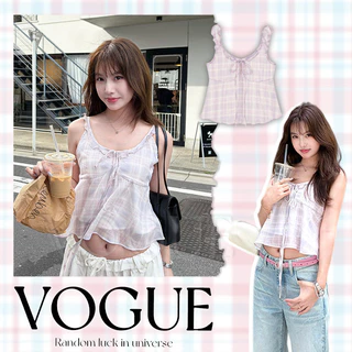 Vogue🌟พร้อมส่ง🌟 เสื้อสายเดี่ยวขอบระบายผูกโบว์ สไตล์เกาหลีมีซับในในตัว ทรงสวยใส่สบาย (FY5259)