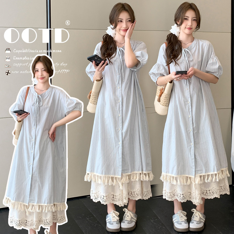 Dahong 99562/63 เดรสคาร์ดิแกนลายทางสีฟ้า เข้าชุดกับกางเกงขายาวทรงบานผ้าลูกไม้ แฟชั่นเกาหลี