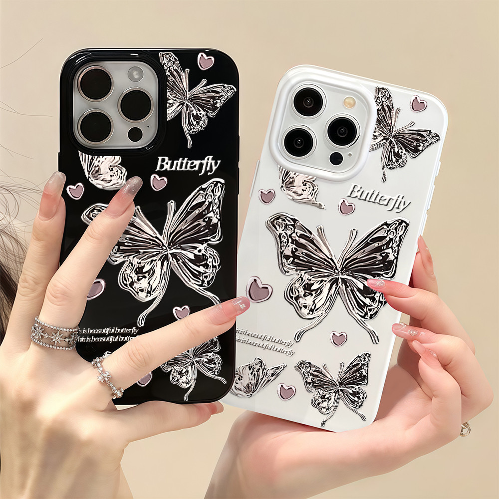 เคสไอโฟน เจลลี่ TPU สำหรับ iPhone 17 16 15 14 13 12 11 Pro Max X XR XSMAX ลายผีเสื้อสีเงินหัวใจ