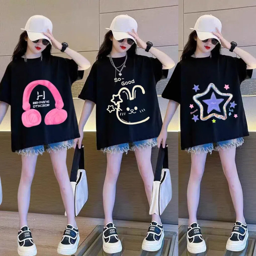 เสื้อยืดเด็กผู้หญิงคุณภาพดี เสื้อยืดโอเวอร์ไซส์สไตล์เกาหลี COD สำหรับเด็กอายุ 3-13 ปี ลายน่ารัก 1-12