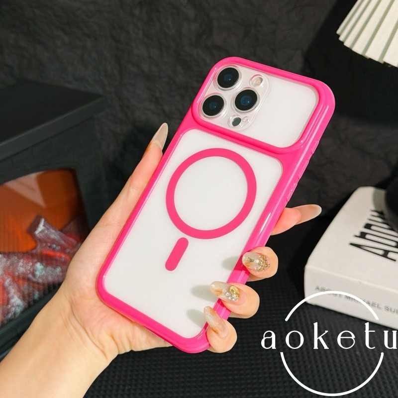 Macaron สี starry sky แม่เหล็กหน้าต่างขนาดใหญ่โปร่งใสอะคริลิคเคสโทรศัพท์เหมาะสําหรับ iPhone 11 12 13 14 15 16 17 18pro max รวมทุกอย่างฝาครอบซิลิโคนป้องกันการตก