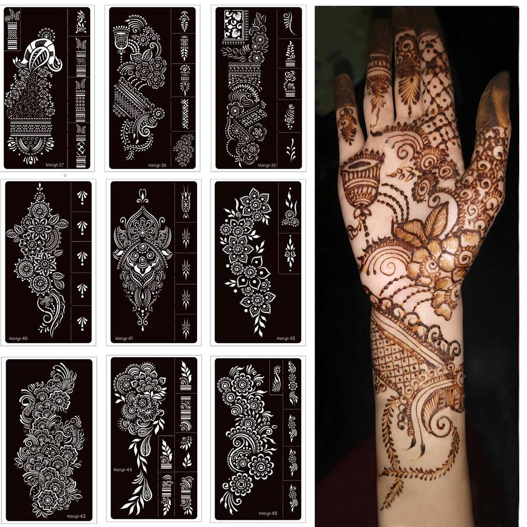 9 แผ่น Henna Stencils ชั่วคราว Tattoo Stencils,Henna Tattoo kit Reusable henna สติ๊กเกอร์รอยสักชั่วค