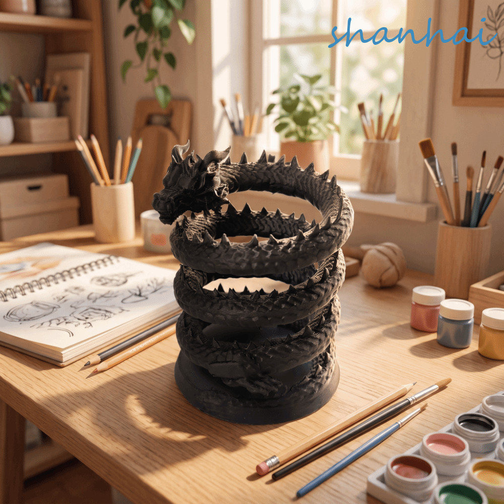 SHANHAI ที่ใส่ปากกามังกร, 3D พิมพ์สร้างสรรค์เดสก์ท็อปรูปปั้น, ส่วนบุคคลที่สมจริงสีดําเกลียวม้วนการจัดเก็บข้อมูลผู้ถือชั้นวางหนังสือ