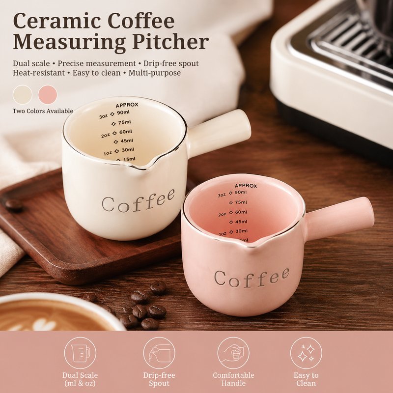 ถ้วยนมเซรามิก 90 มล. แก้วตวงกาแฟ มีสเกลด้านในและด้ามจับทรงตรง ใช้เสิร์ฟนม ครีม หรือซอสกาแฟ บนโต๊ะอาหารและมุมกาแฟ