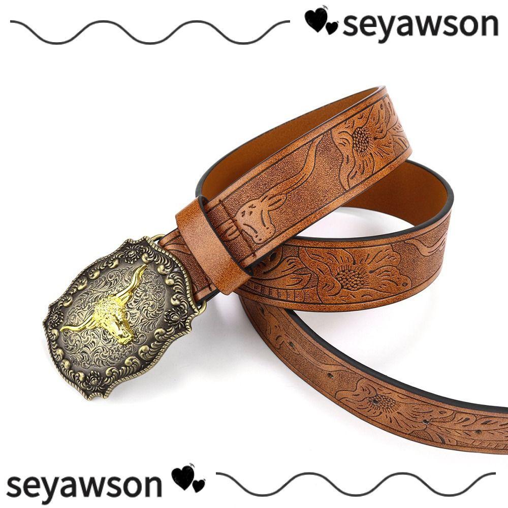 SEYAWSON Mens Western Cowboy Belt, PU Leather Vintage Buckle Belt, Fashion Bull Pattern Wide Waist B