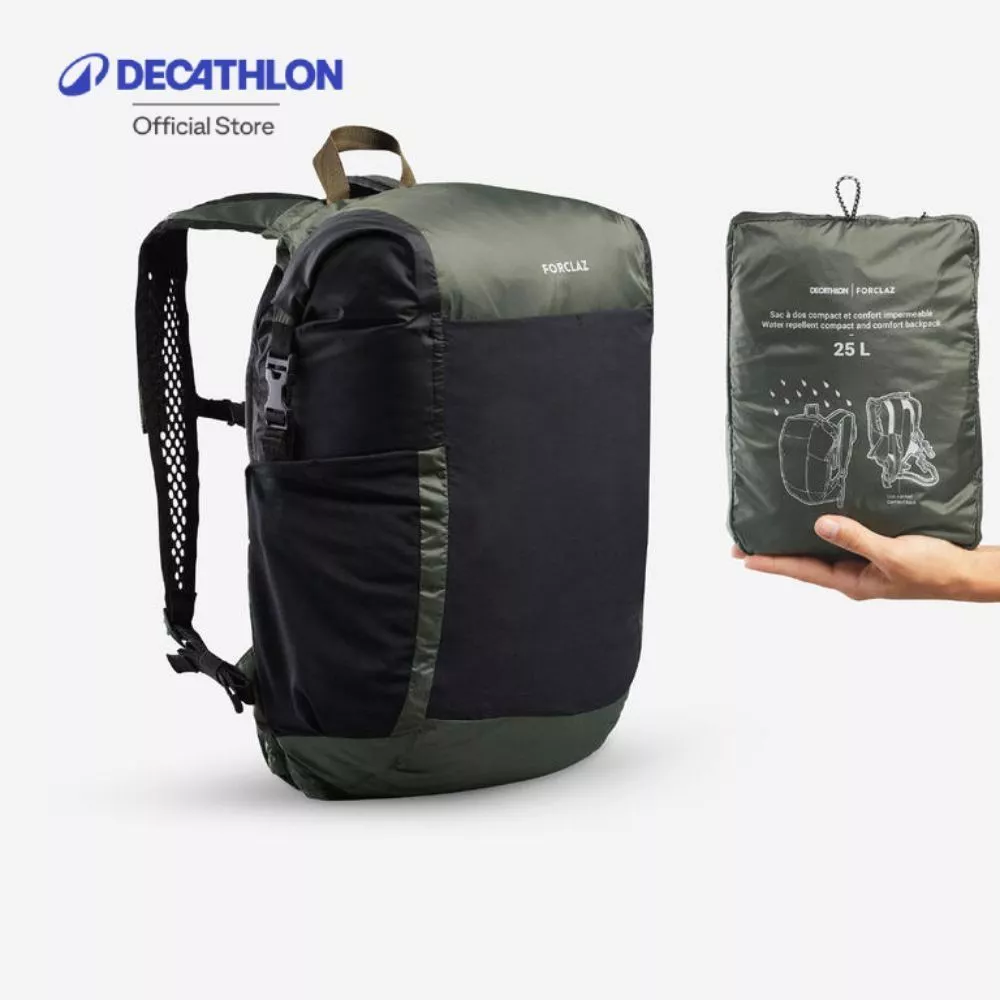 Decathlon Waterproof Foldable Backpack 25L - Travel เป้สะพายหลังกันละอองน้ำแบบพับได้ขนาด 25 ลิตรรุ่น Travel - Green