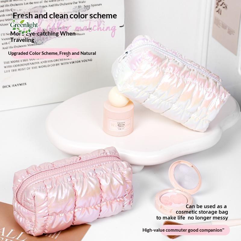 GRL Iridescent Puffy กระเป๋าแต่งหน้าความงาม Bubble Grid Design กระเป๋าเครื่องสําอางความจุขนาดใหญ่สํา