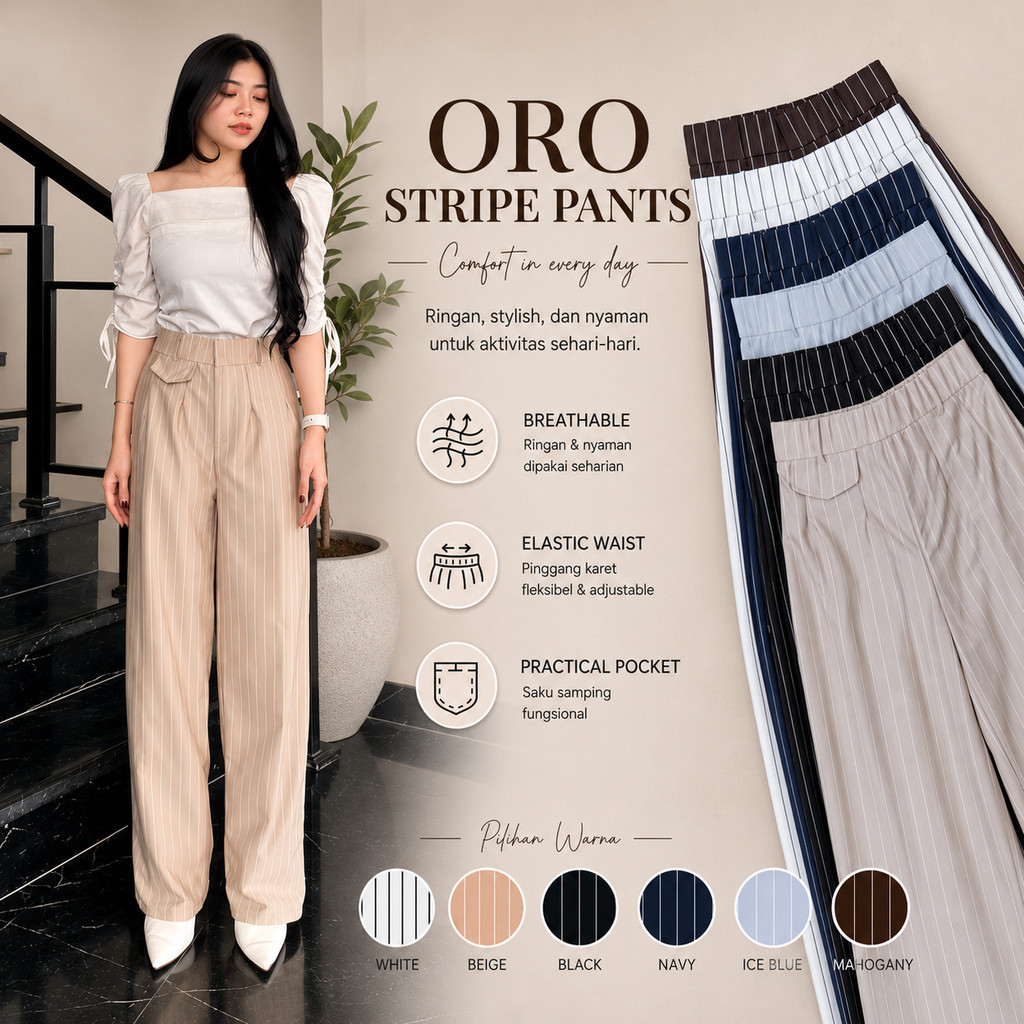 Oro Pants Stripe Bangkok - Womens Highwaist Loose Stripe Culottes Pants Anti-Wrinkle