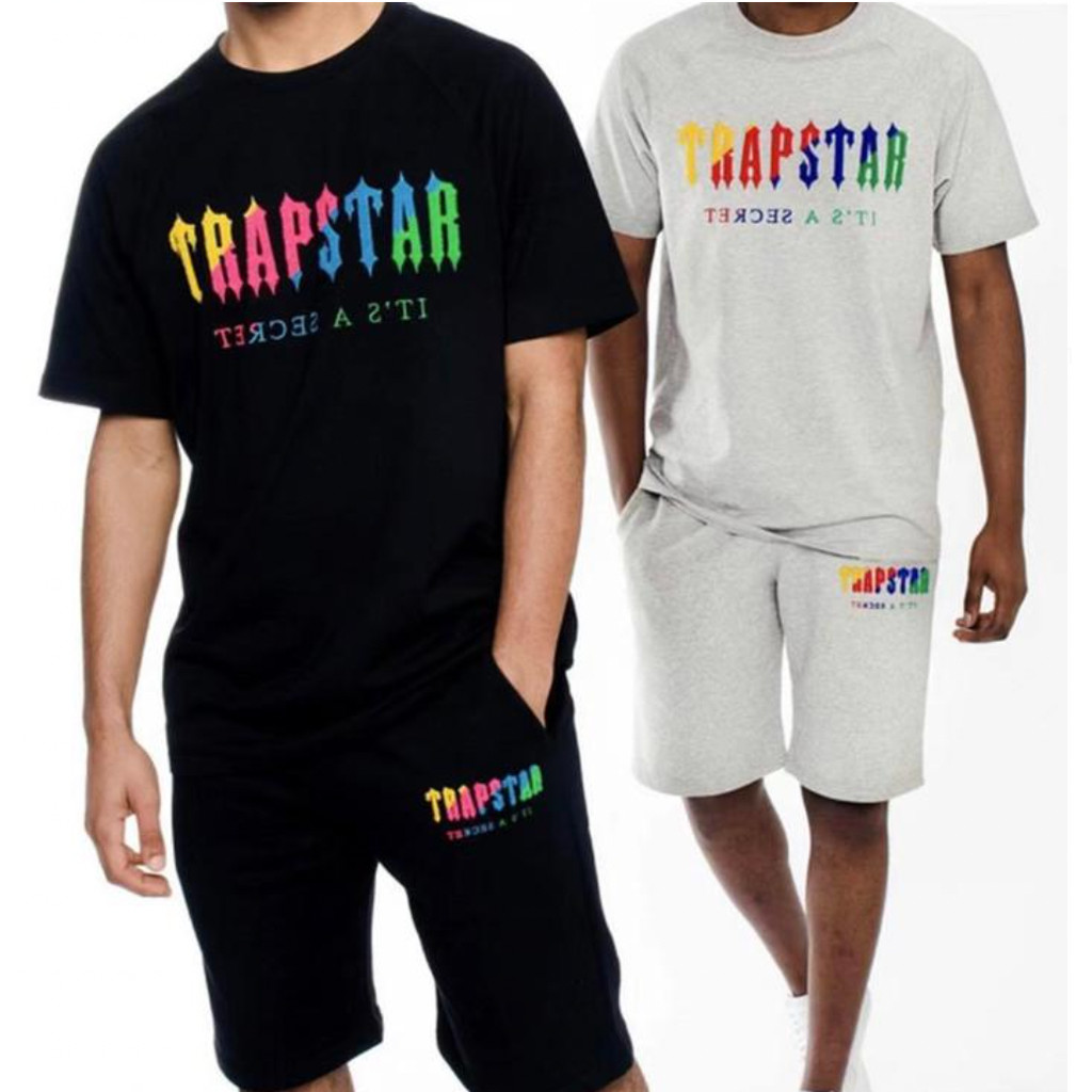 Trapstar Rainbow สีผ้าเช็ดตัวปัก Street Street Wear I ผ้าฝ้ายแท้หลวมกางเกงขาสั้นแขนสั้นชุดกีฬาด้านบน