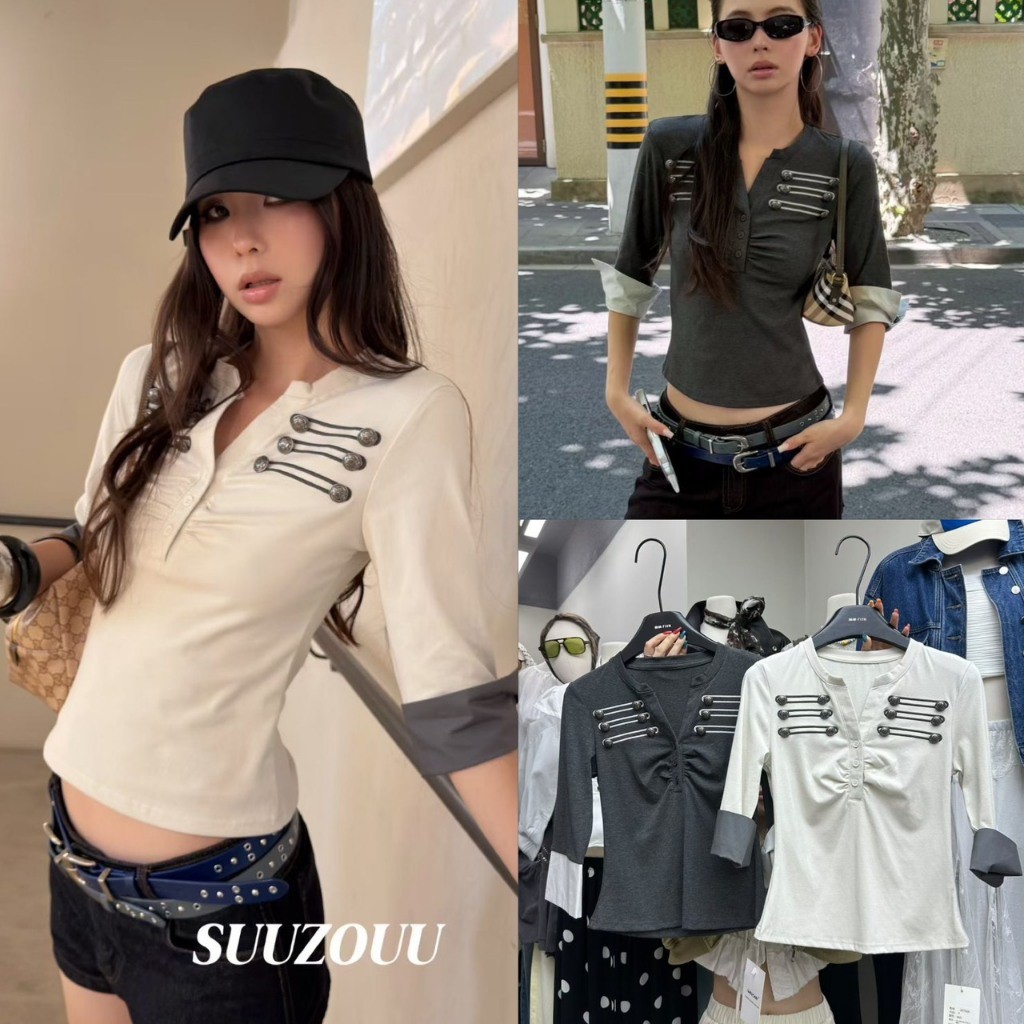 🧡🧵 🇰🇷 SU569 Military V-Neck Top เสื้อคอวีแต่งแถบกระดุมทหาร ลุคเกาหลีชิคนำเทรนด์ แฟชั่นเกาหลี TAG MM Fish 🧵🧡