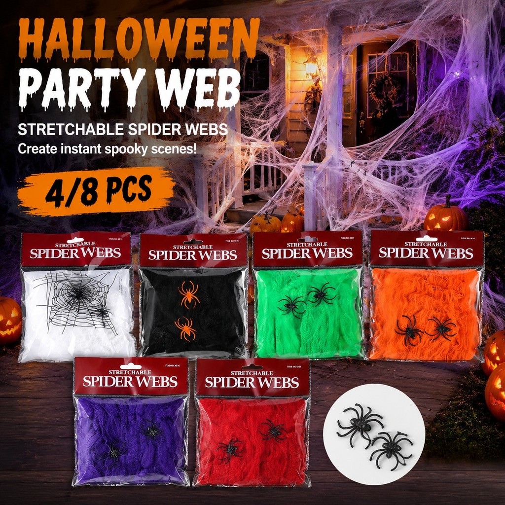 4/8PCS ฮาโลวีน Cobweb ตกแต่งแพ็ค 1 Spider Web และ 2 Spiders สําหรับประตู Wall Porch Decor