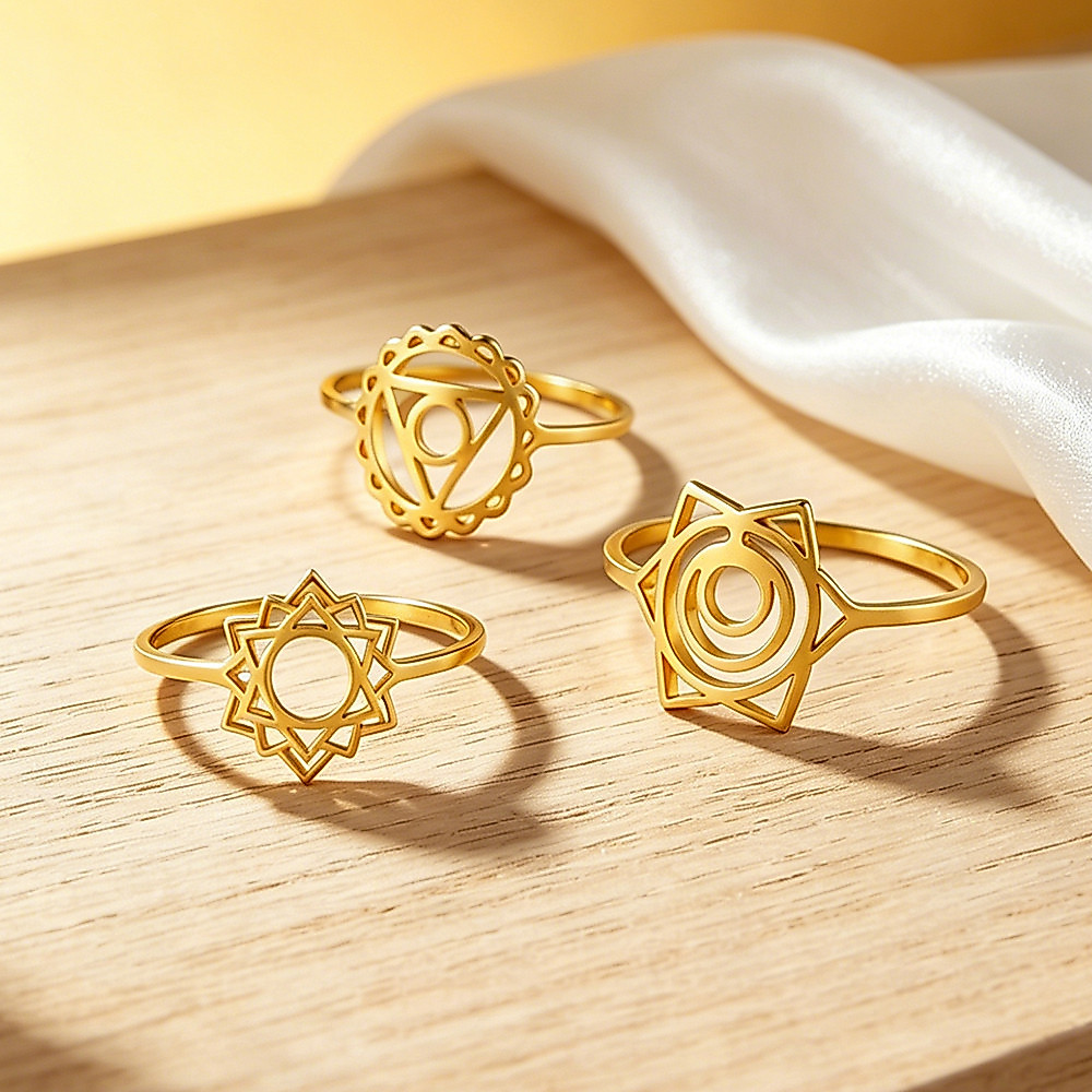 LIKGRET Crown คอ Sacral Chakra แหวนผู้หญิงสแตนเลสสีทองแหวนนิ้วมือ Amulet โยคะสมาธิเครื่องประดับของขวัญ
