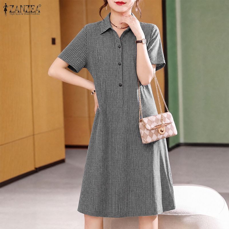ZANZEA فستان كوري كاروهات A-Line بنصف أزرار — صورة 6