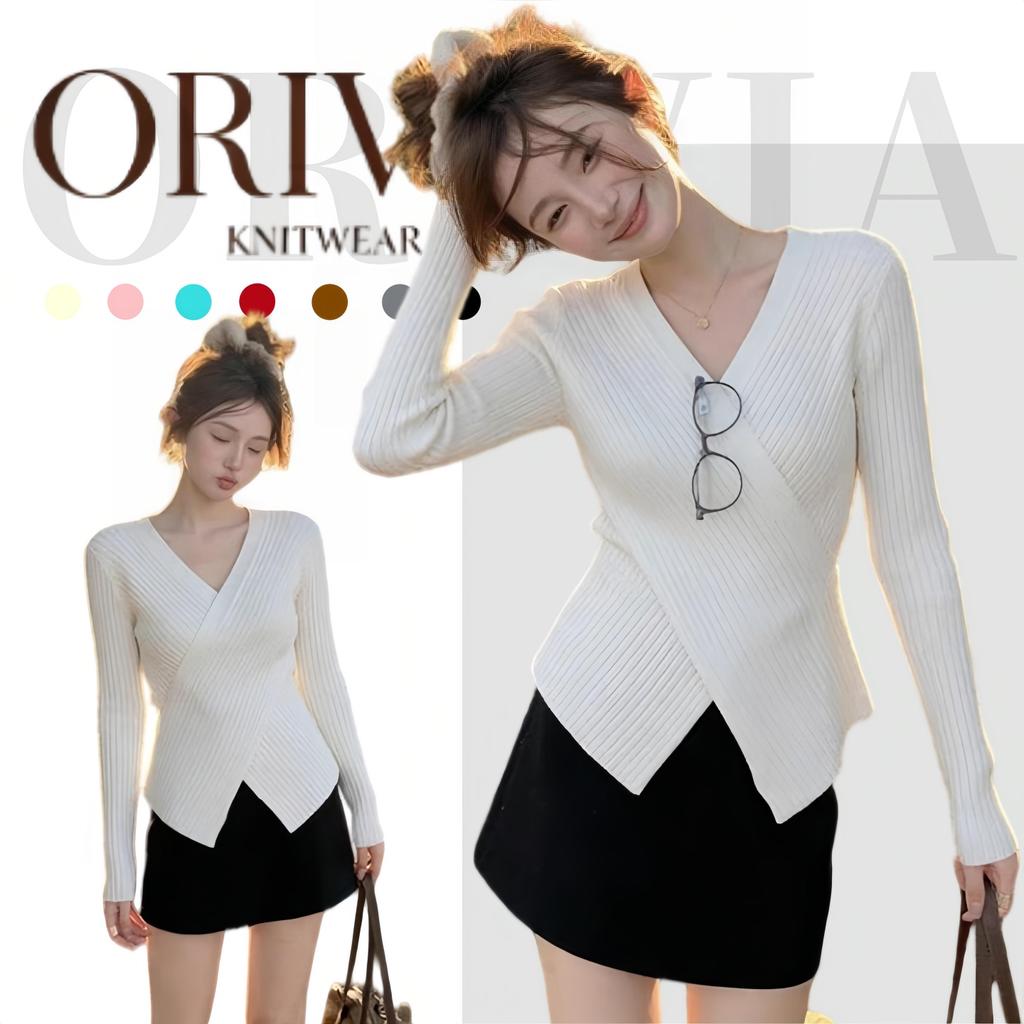 ORIVIA -5013เสื้อไหมพรมแขนยาวผู้หญิง คอวีสไตล์ฝรั่งเศส กระชับรูปร่าง ดูผอมขึ้น สวมใส่ได้หลายลุค
