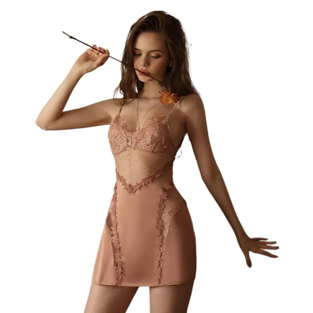 N2Sexy Sleeping Dress Silk Sleepwear Deep V Lace Lingerie Satin Sling Nightwear Water Soluble Backle