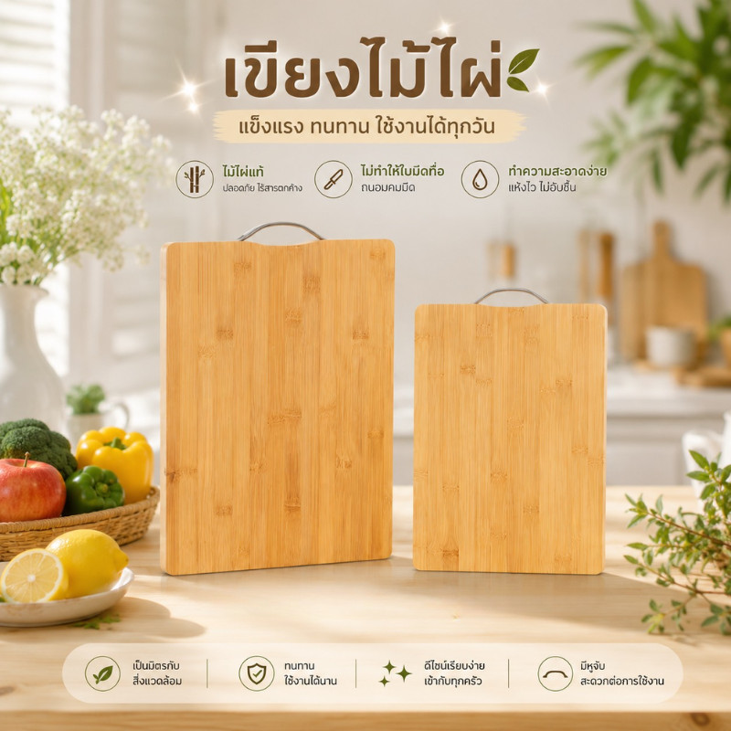 PrintVibe เขียงครัวบ้าน เขียงไม้ไผ่ 2 ด้าน พร้อมตะขอ เขียงไม้เนื้อแข็ง ป้องกันเชื้อราชนิดข้น