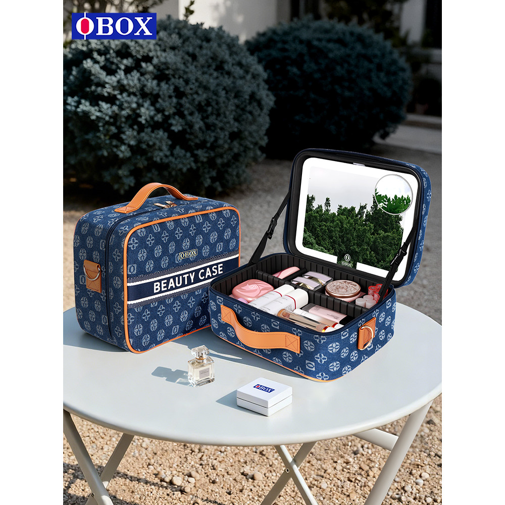 OBOX Retro Denim กระเป๋าเครื่องสําอางความจุขนาดใหญ่พร้อมกระจกของขวัญระดับไฮเอนด์ Professional Storag