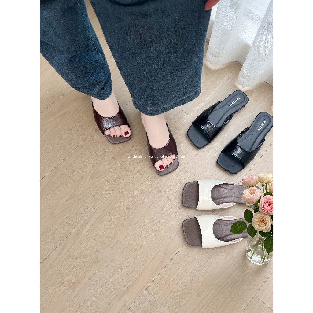 Zinzin3456 - zz06- (skinny foot resize) รองเท้าแตะส้นแบนผู้หญิงหัวเหลี่ยม วัสดุสบาย สไตล์เกาหลีมาแรง