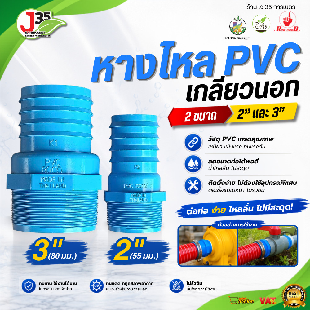 KANOK หางไหล PVC เกลียวนอก 2 นิ้ว 3 นิ้ว ข้อต่อสายยาง หางปลาไหล PVC สำหรับปั๊มน้ำ สายดูด สายส่งน้ำ