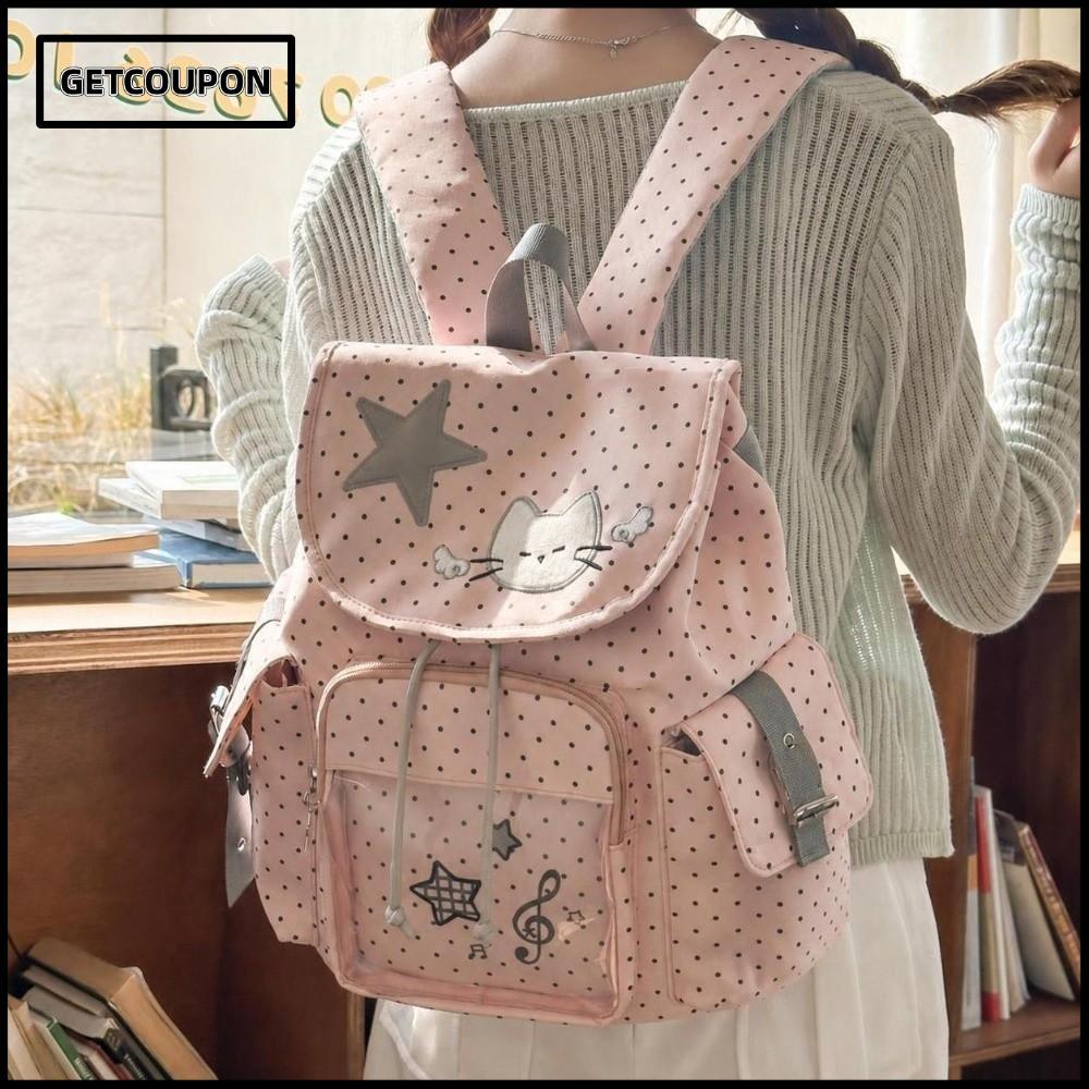 GETCOUPON Ita Backpack, Nylon Large Capacity Drawstring Backpack, Kawaii Polka Dot Sweet Cat Travel 
