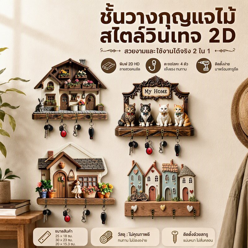 ที่แขวนกุญแจติดผนัง ไม้วินเทจ พิมพ์ลาย 2D ตะขอทองแดง 4 ช่อง เจาะสกรู ของแต่งบ้าน