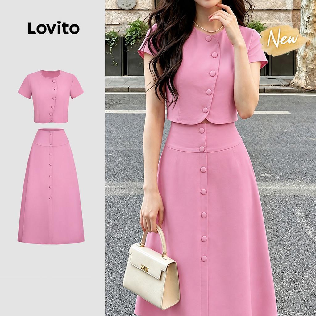 (New Arrival) Lovito เสื้อหรือกระโปรงผู้หญิง สีชมพูอ่อน สไตล์ลําลอง ปุ่ม เหมาะสําหรับฤดูใบไม้ผลิ/ฤดูร้อน KSK8P2D122