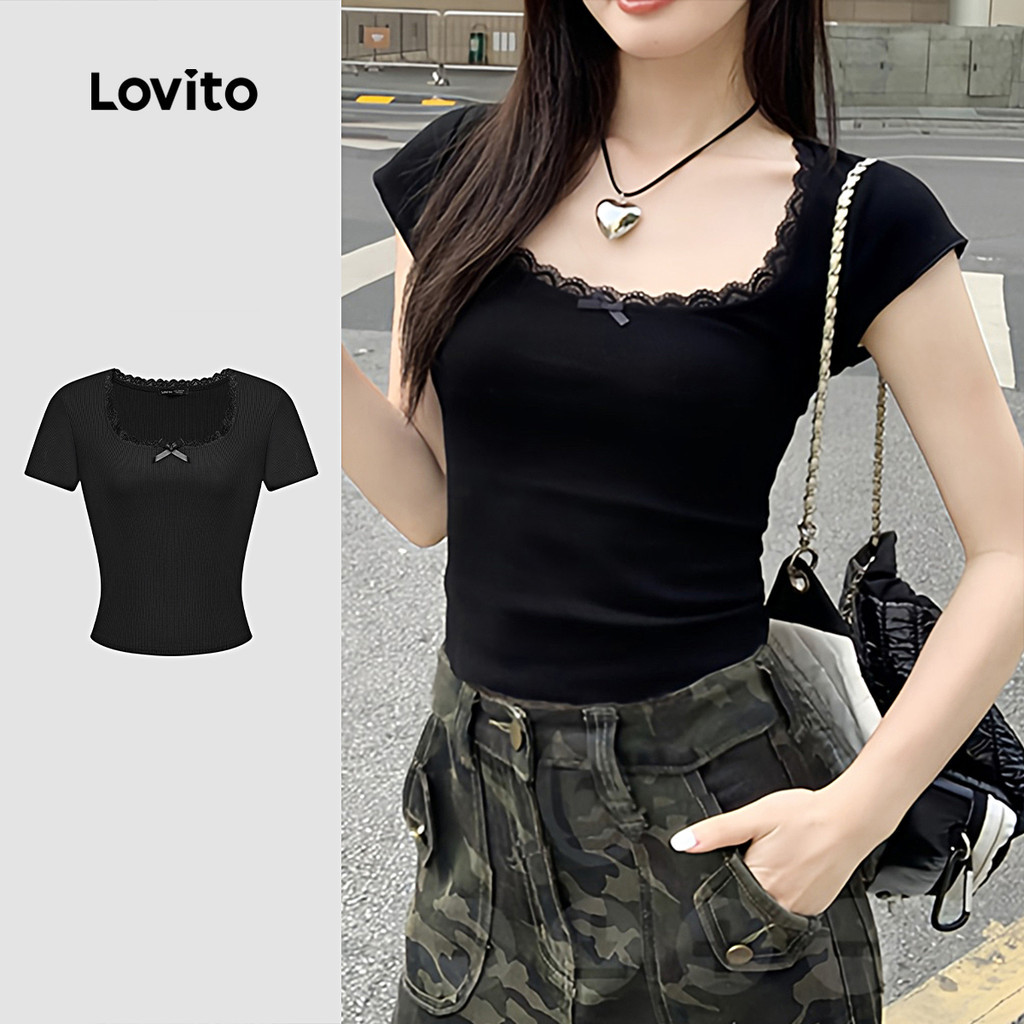 Lovito แคชชวล เสื้อยืดลําลองลูกไม้โบว์ฤดูร้อน/ฤดูใบไม้ผลิเสื้อยืดสําหรับผู้หญิง L123ED773