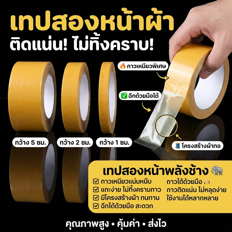 เทปกาวสองหน้าแรงยึดเกาะสูง 10ม. ตาข่ายไฟเบอร์แข็งแรง กาวเหนียว ติดแน่น ใช้ได้หลายพื้นผิว