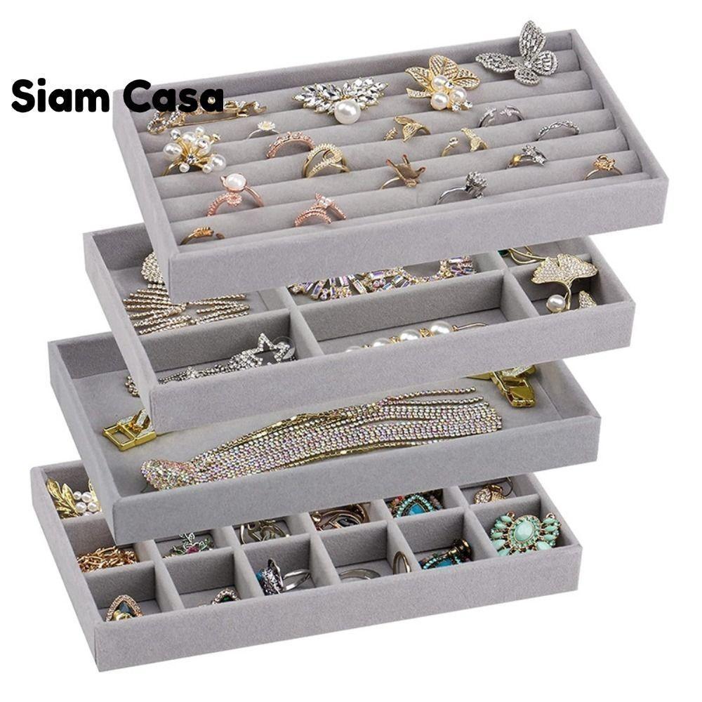SIAM กล่องจัดเก็บเครื่องประดับกำมะหยี่แบบวางซ้อน ถาดใส่สร้อยคอ สร้อยข้อมือ และแหวน